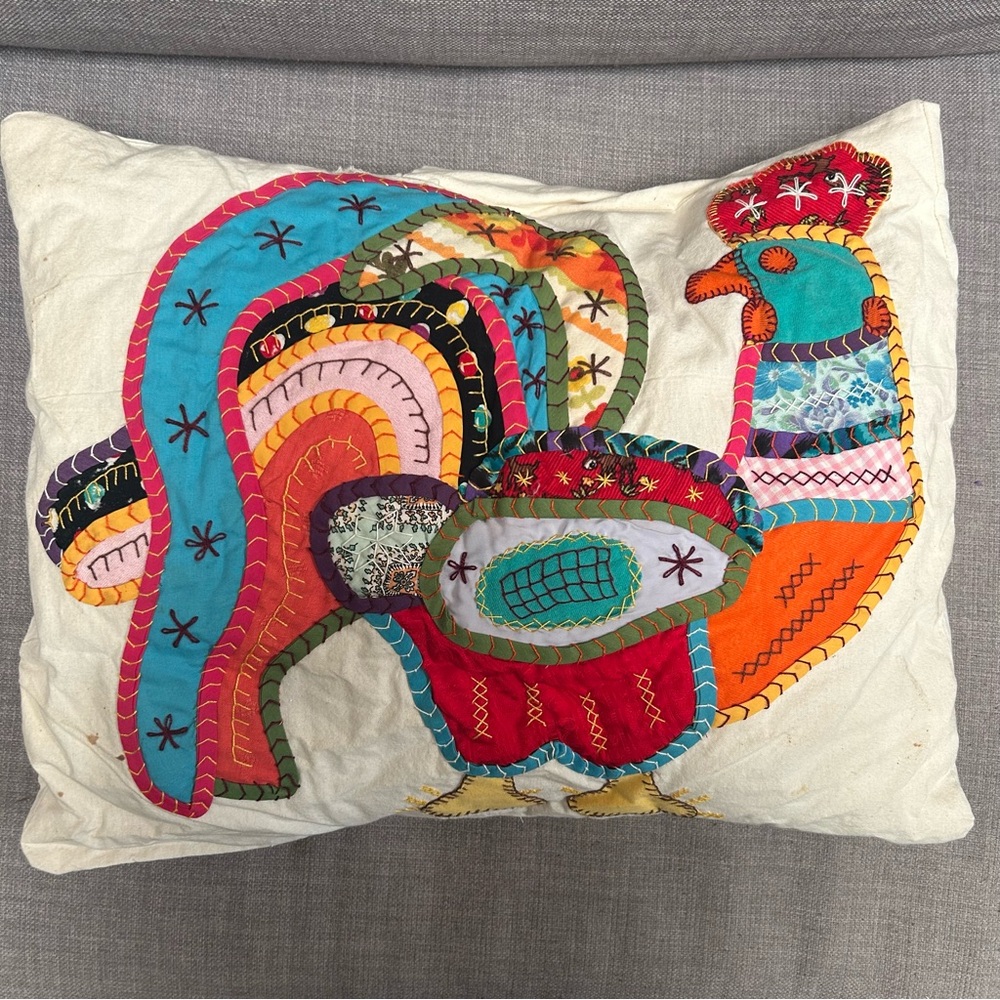 Handmade Embroidered Appliqué Patchwork Rooster Pillow Sri Lanka #0820259